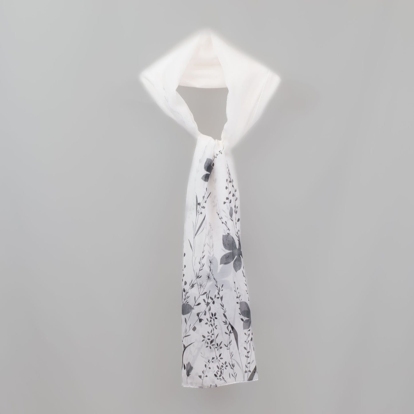 Eșarfă fină cu efect de mătase, imprimeu minimal flowers, 150 x 50 cm - Alb Negru