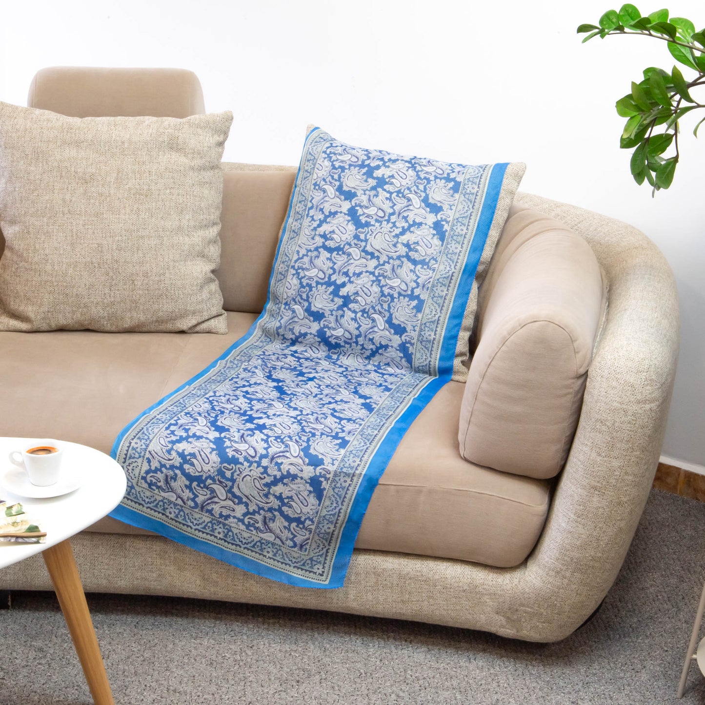 Eșarfă fină cu efect de mătase, imprimeu paisley oriental, 150 x 50 cm - Albastru