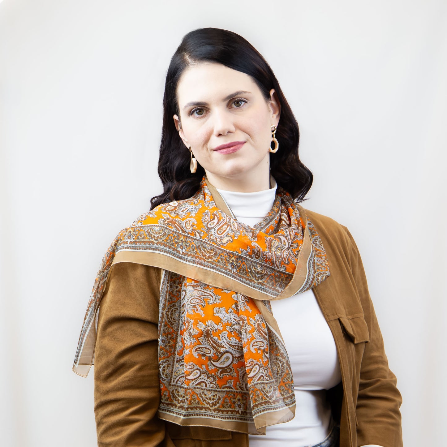 Eșarfă fină cu efect de mătase, imprimeu paisley oriental, 150 x 50 cm - Portocaliu Maro