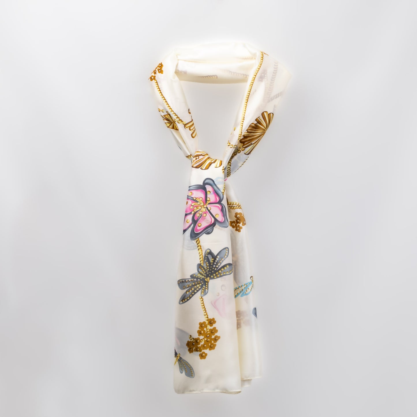 Eșarfă fină și deosebită cu efect mătase, imprimeu floral în culori calde, 180 x 90 cm - Crem