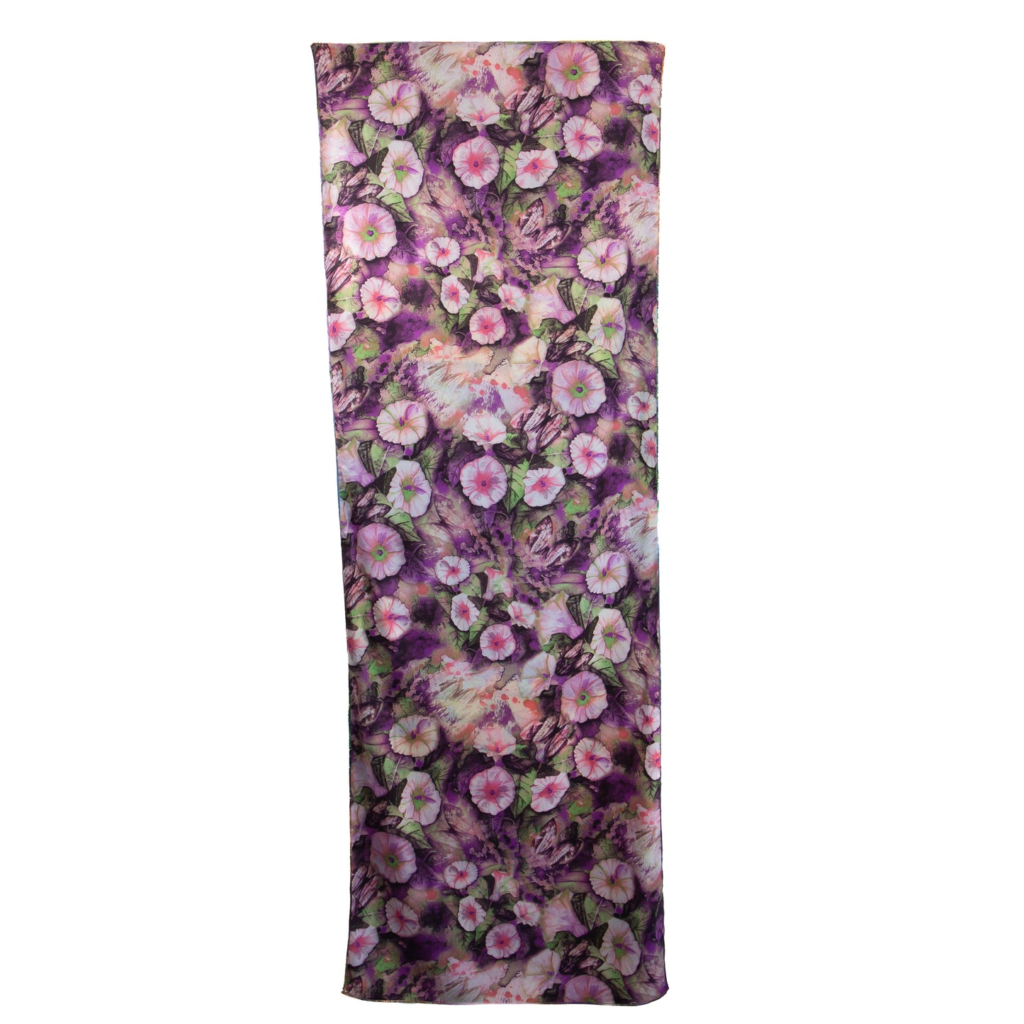 Eșarfă fină și deosebită din satin cu imprimeu față-verso, lavandă și motive florale, 180 x 63 cm - Mov