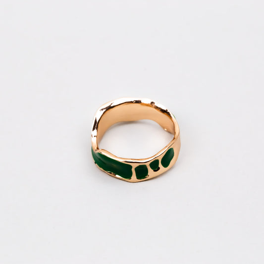 Inel auriu cu formă abstractă și accent color - Verde