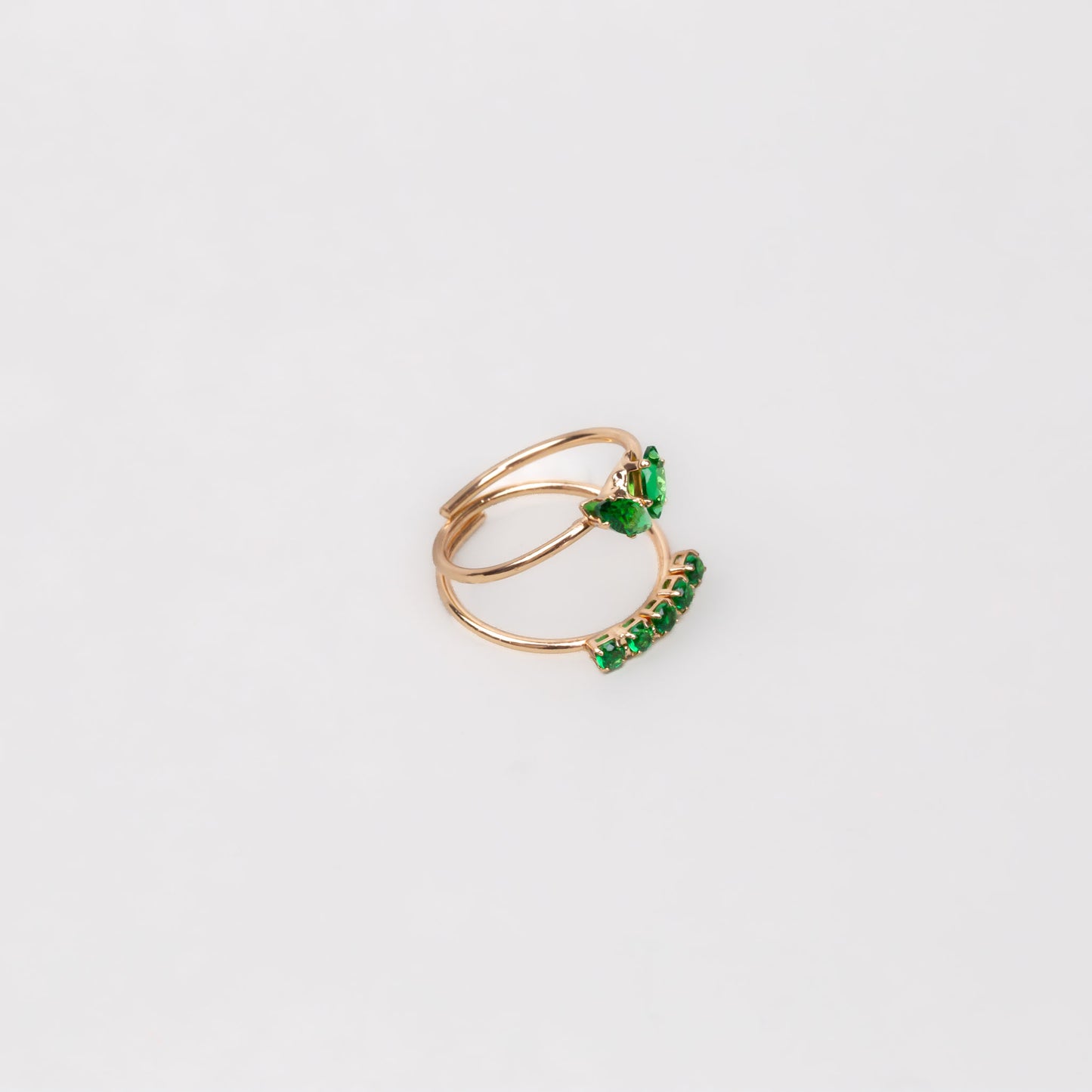 Inel auriu dublu cu pietre și ștrasuri - Verde