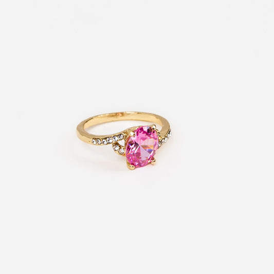 Inel cu piatră ovală și ștrasuri - Roz