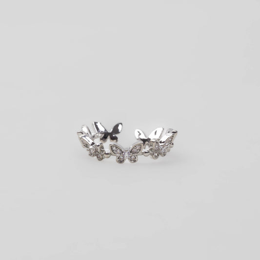 Inel reglabil cu forme de fluturi și pietre discrete - Argintiu