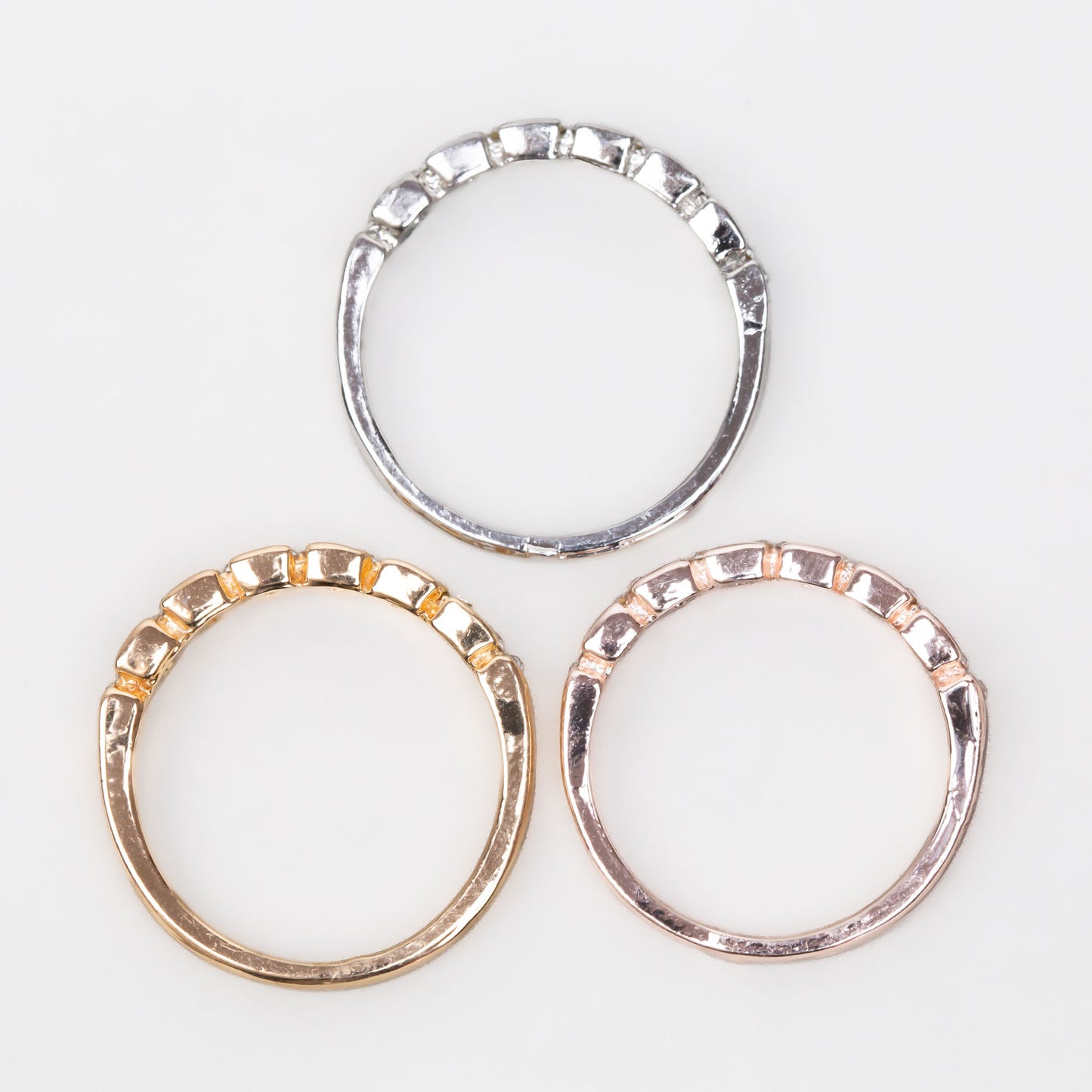 Inele cu forme de zale și ștrasuri, set 3 buc - Auriu, Rose Gold, Argintiu