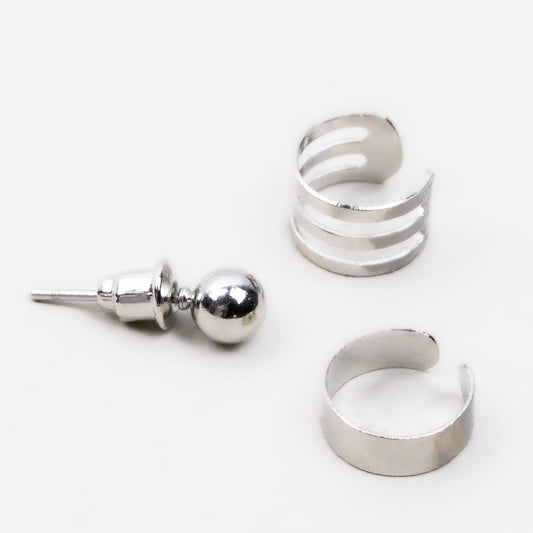 Ornamente de ureche și cercel cu perlă mică, set 3 buc - Argintiu discret