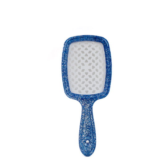 Perie de păr pătrată cu perforații, textură transparentă cu glitter - Albastru