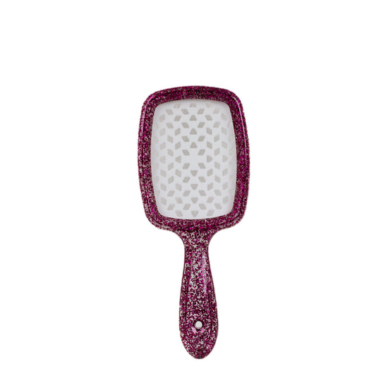 Perie de păr pătrată cu perforații, textură transparentă cu glitter - Roz