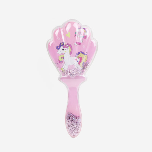 Perie păr copii cu formă de scoică, transparent cu confetti - Unicorn Power Pink
