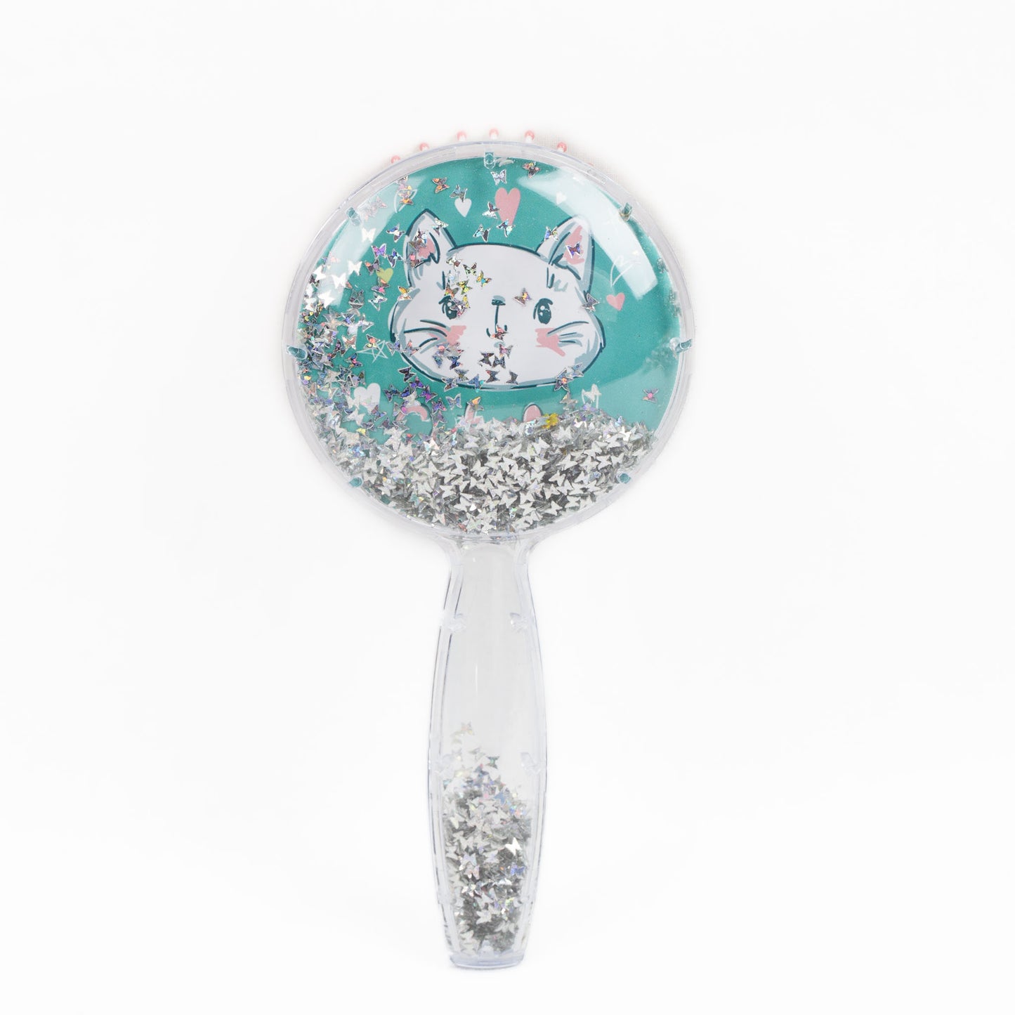 Perie păr copii cu formă rotundă, transparent cu confetti - Cute Cat