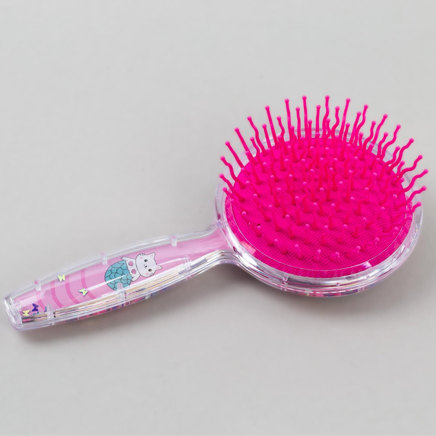 Perie păr copii cu formă rotundă, transparent cu confetti - Sirena Pufoasa