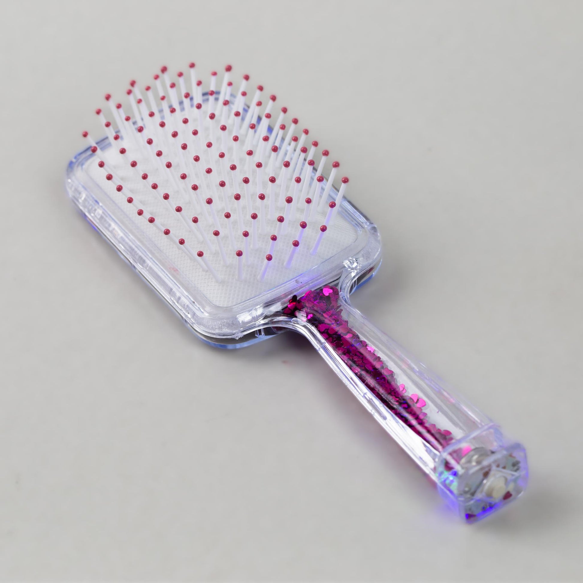 Perie păr copii cu leduri pătrată, transparent cu confetti - Roz Beauty