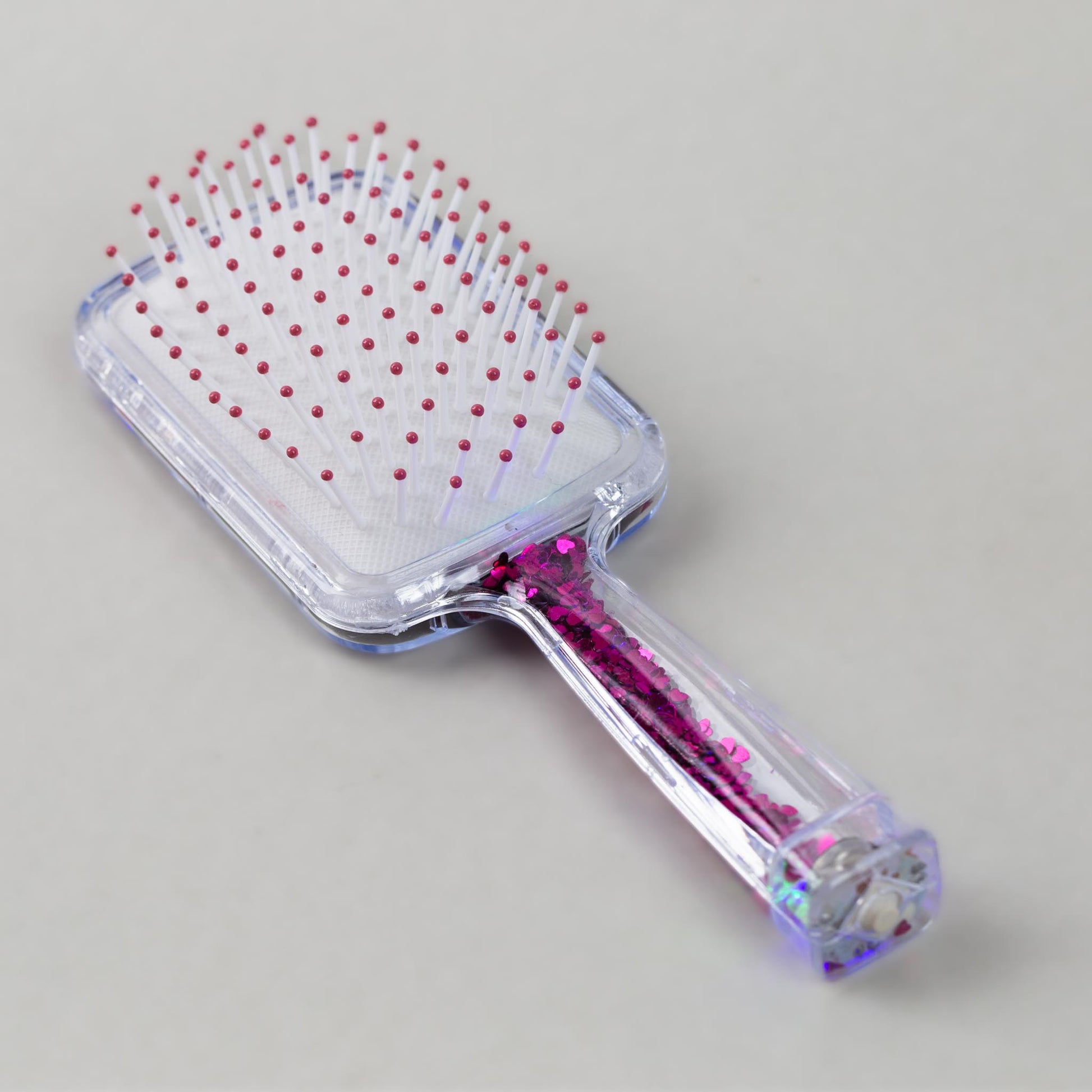 Perie păr copii cu leduri pătrată, transparent cu confetti - Roz Butterfly