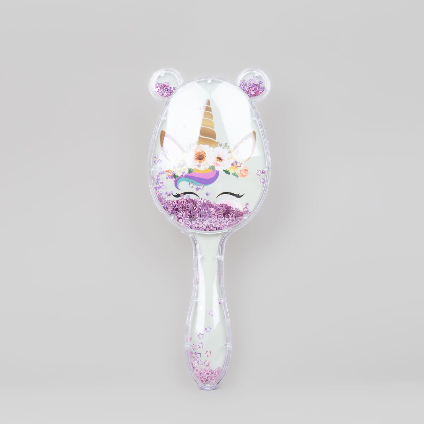Perie păr copii cu urechi mici, transparent cu confetti mov - Unicorn Flower, Verde