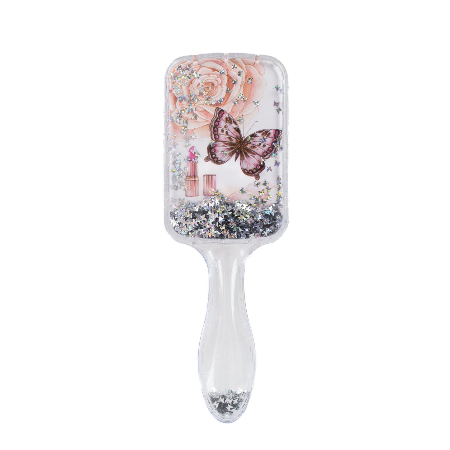 Perie păr copii pătrată, transparent cu confetti - Rose Butterfly