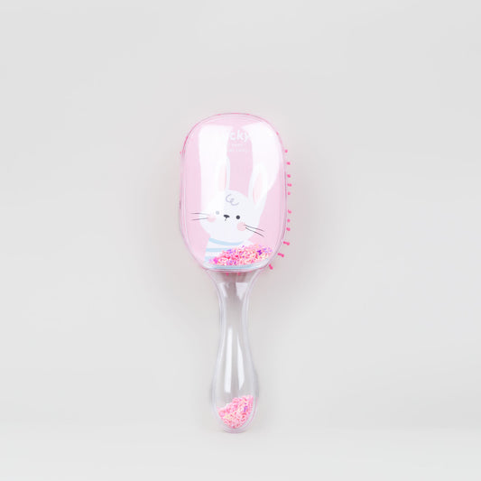 Perie păr copii rotunjită, transparent cu confetti roz - Iepuraș