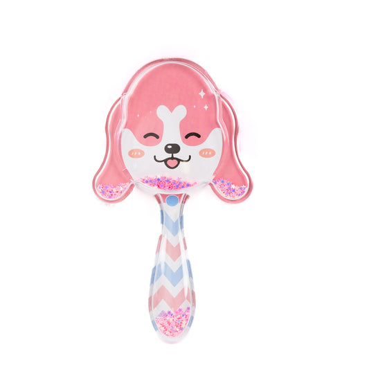Perie pentru descurcat părul copii cu formă de cățel, transparent cu confetti - Roz