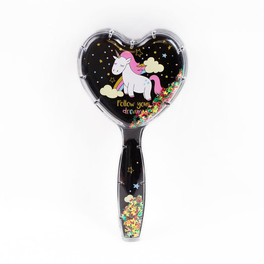 Perie pentru descurcat părul copii cu formă de inimă, transparent cu confetti - Unicorn Twinkle