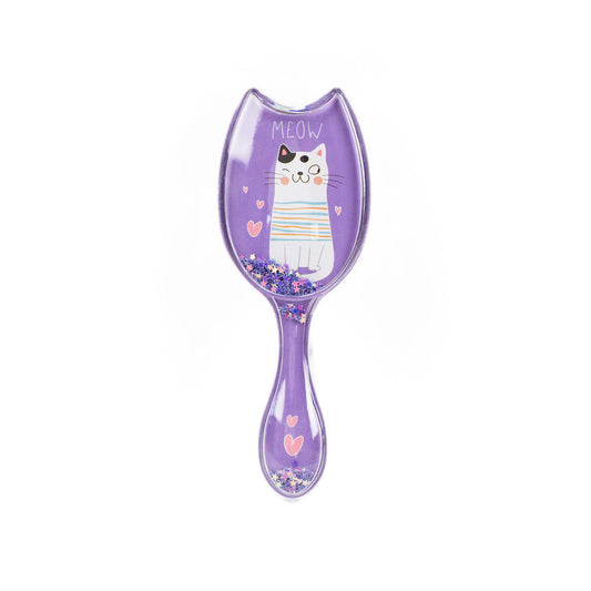 Perie pentru descurcat părul copii cu formă de pisicuță, transparent cu confetti - Meooow