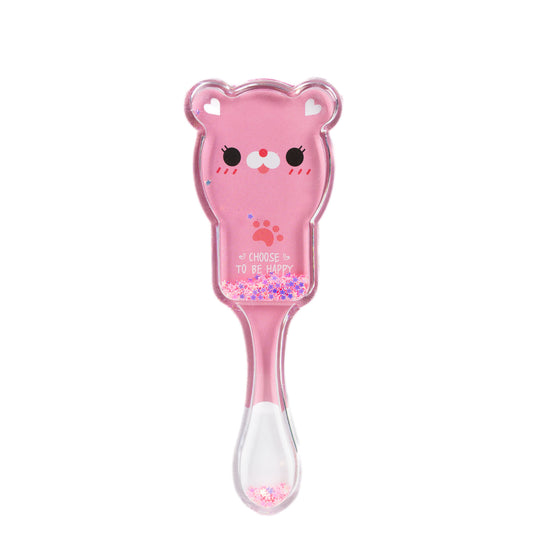 Perie pentru descurcat părul copii cu formă de ursuleț, transparent cu confetti - Roz
