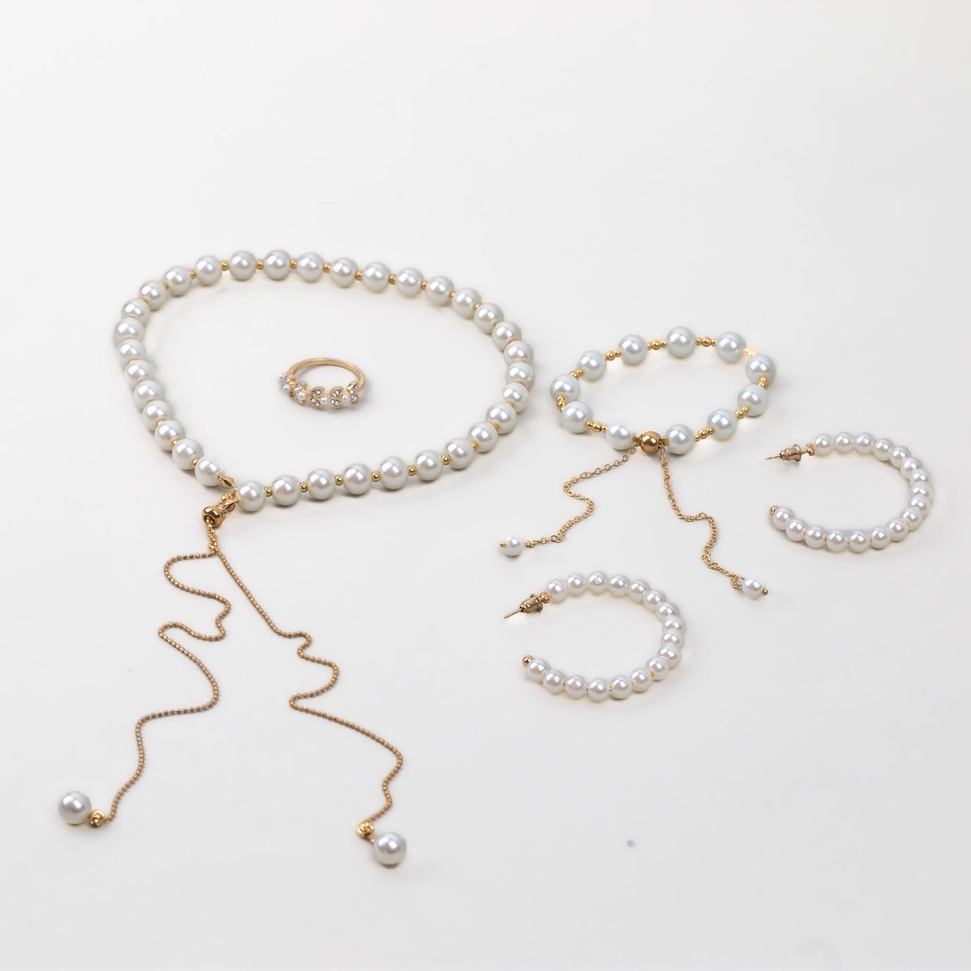 Set cadou cercei, brățară, colier, inel - Perla Sirenei - Auriu