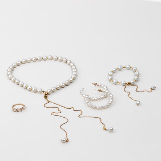 Set cadou cercei, brățară, colier, inel - Perla Sirenei - Auriu