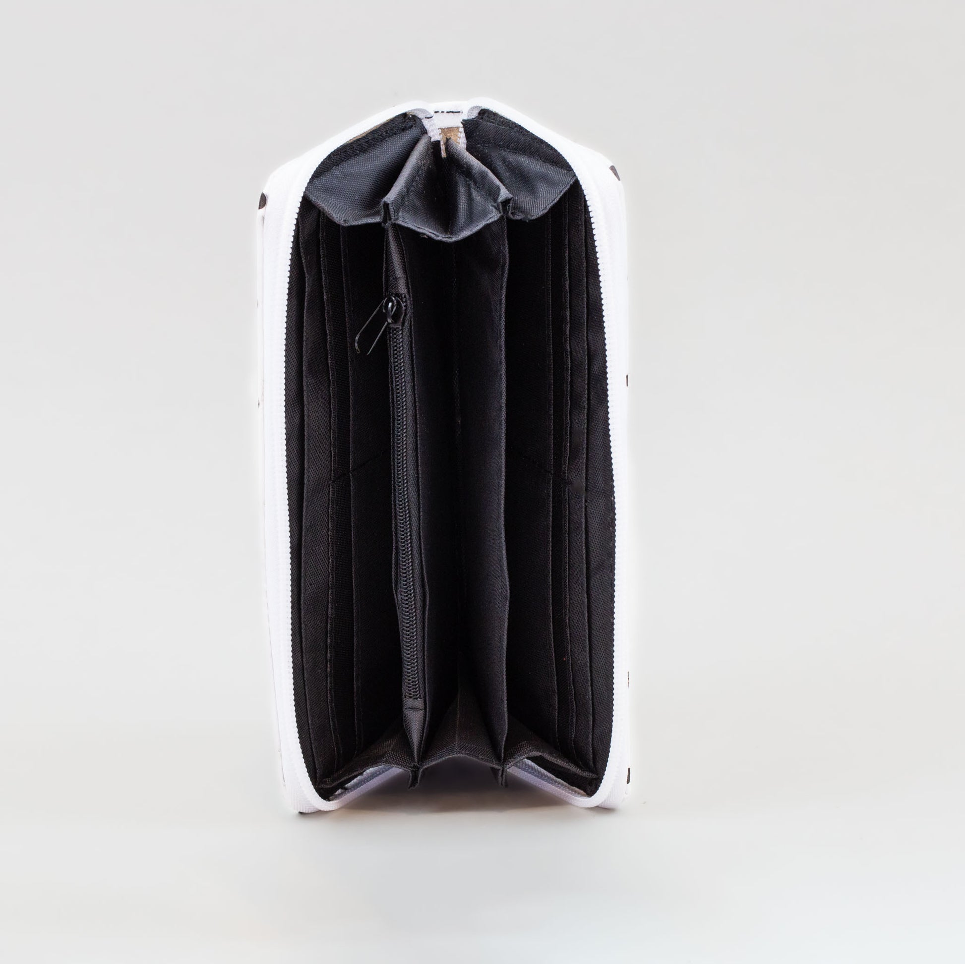 Portofel damă cu fermoar, alb negru, 14 compartimente - Buline