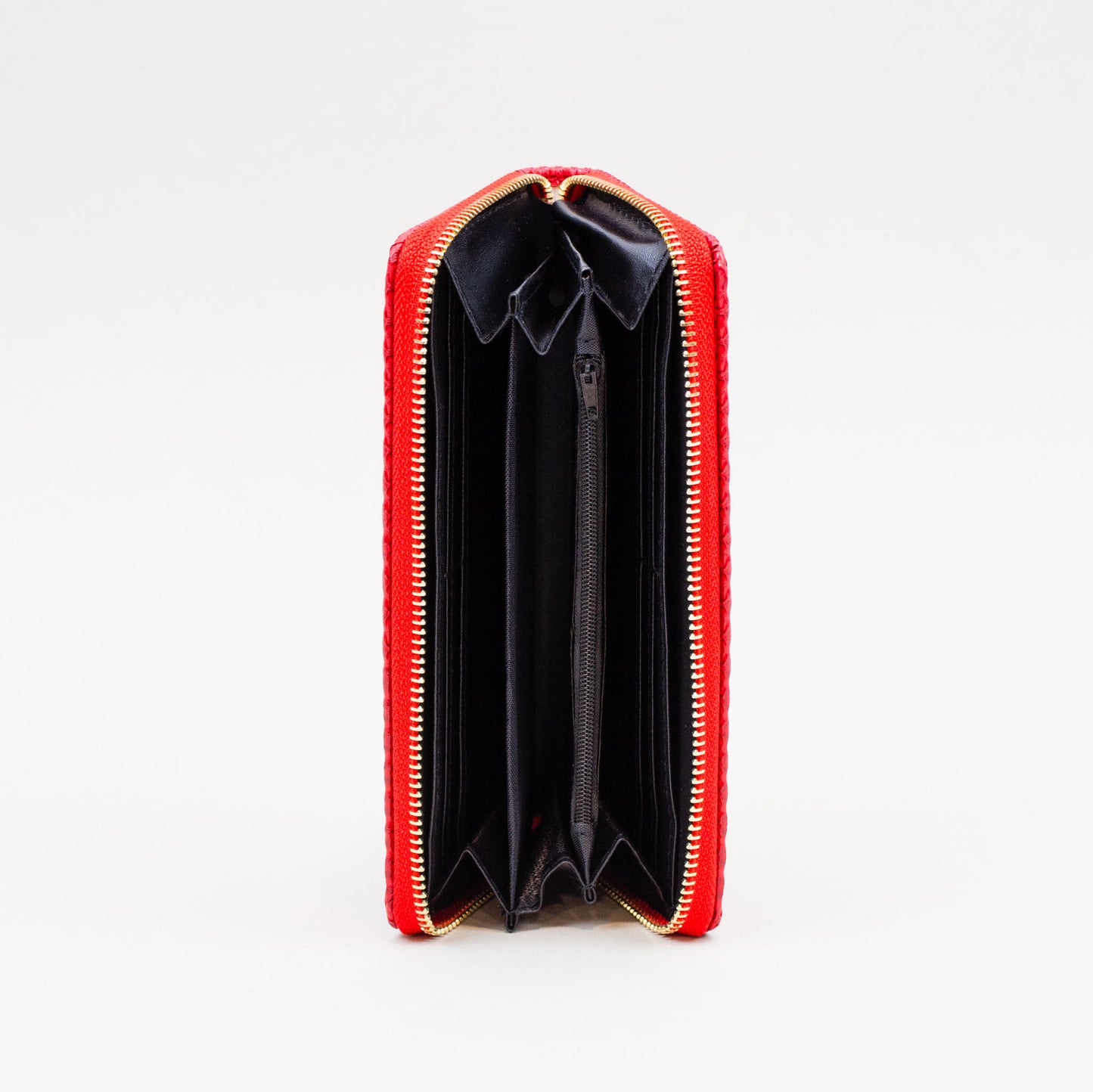 Portofel damă cu fermoar, textură împletită în relief, 14 compartimente - Rosu