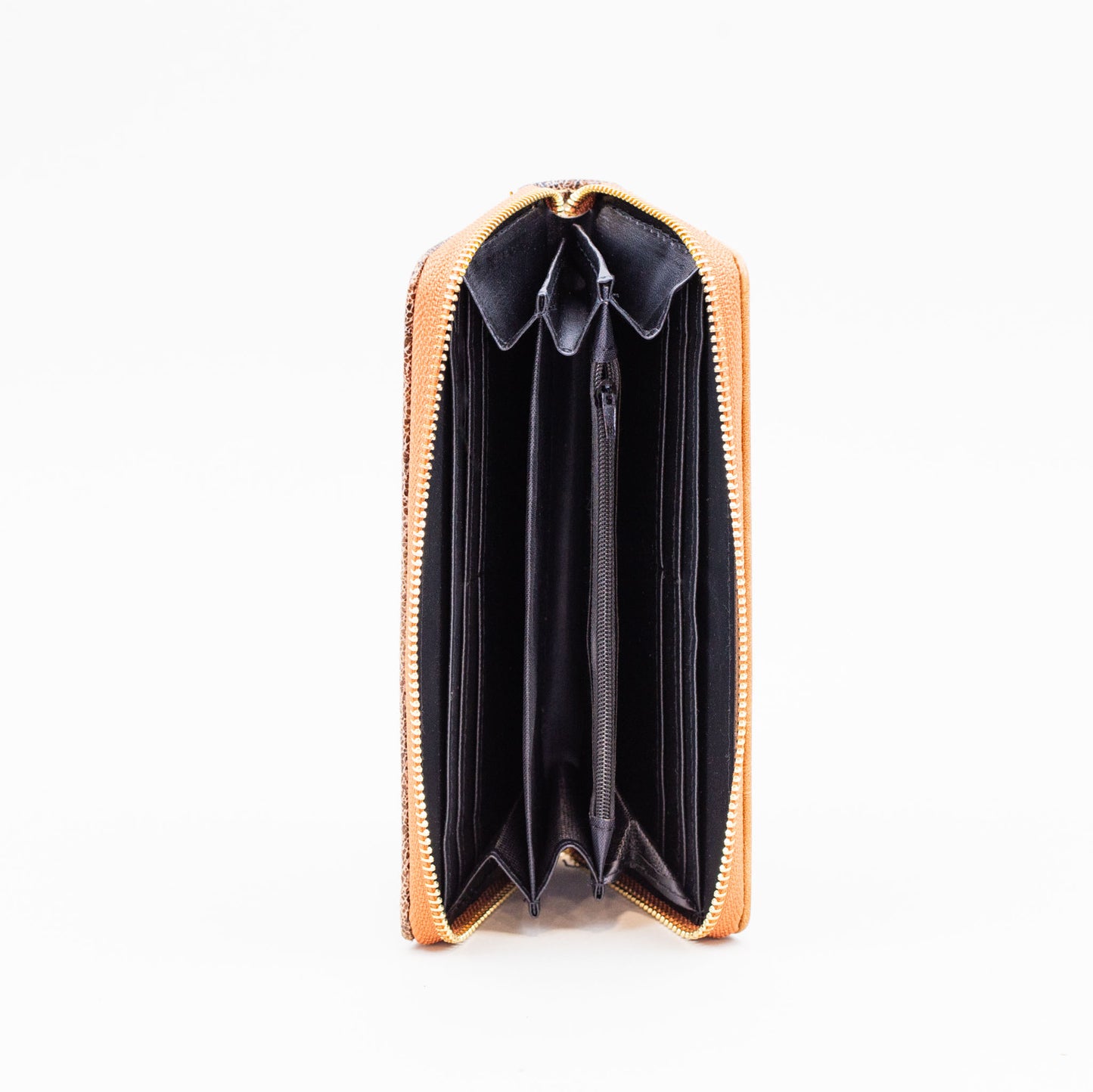 Portofel damă din piele ecologică cu fermoar, cusătură diagonală, 14 compartimente - Maro