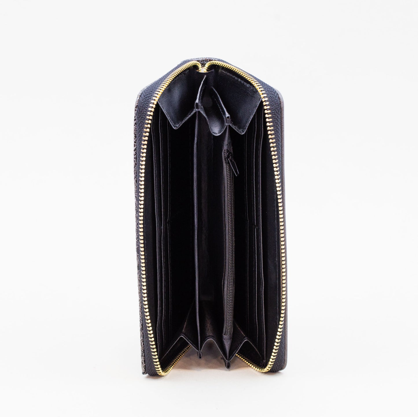 Portofel damă din piele ecologică cu fermoar, cusătură diagonală, 14 compartimente - Negru