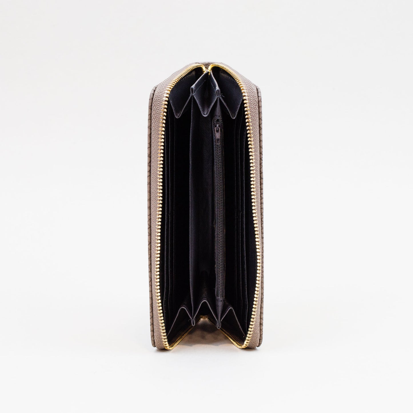 Portofel damă din piele ecologică cu fermoar, textură animal print, 14 compartimente - Bej nisip