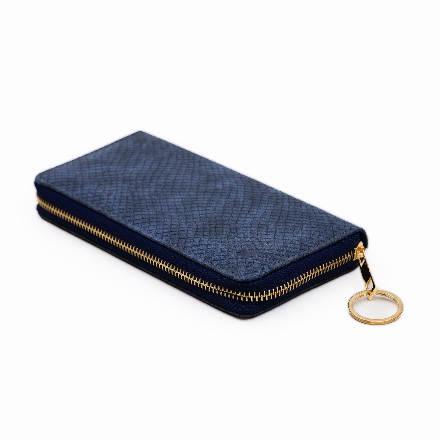 Portofel damă din piele ecologică cu fermoar, textură fină animal print, 14 compartimente - Albastru