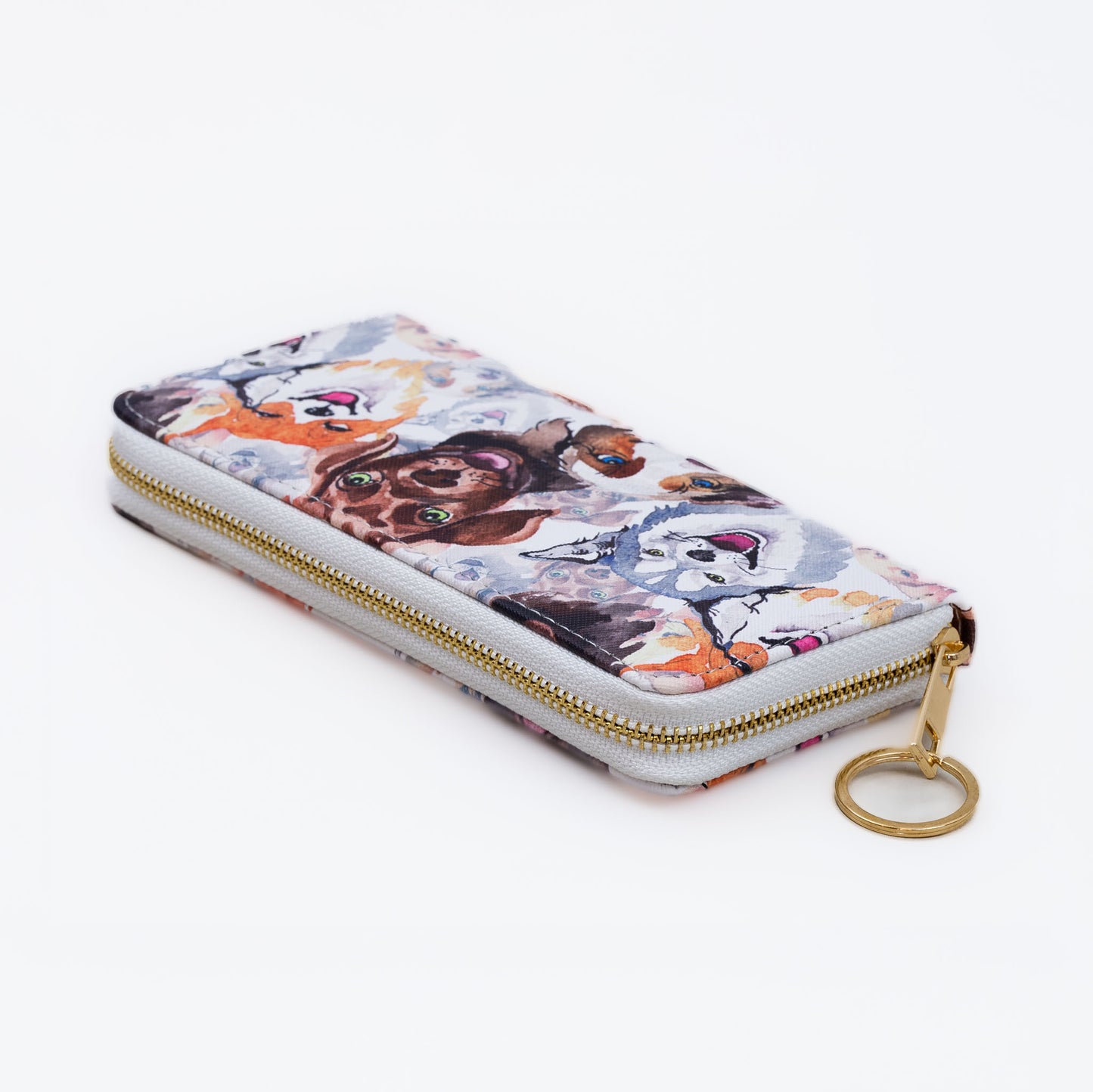 Portofel fete cu feromoar, imprimeu câini, 14 compartimente - Alb Dog Lover