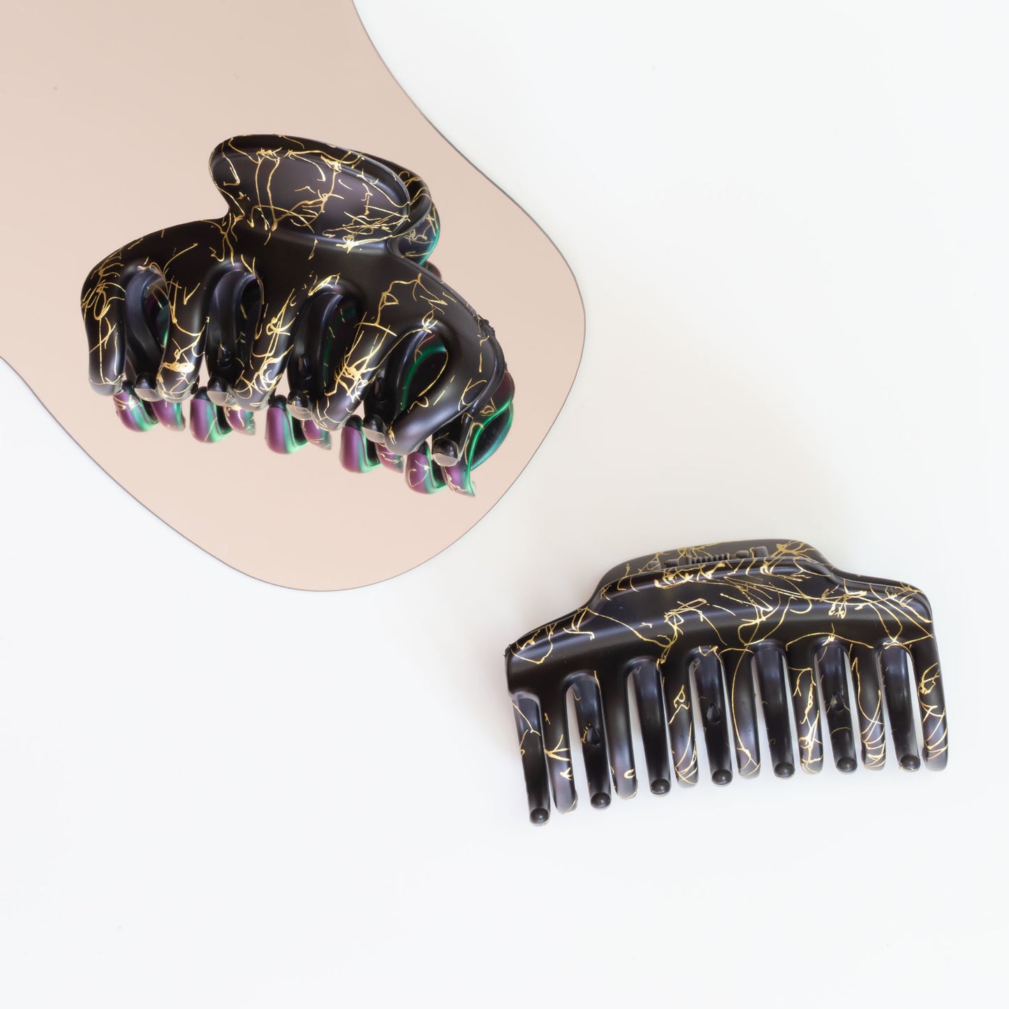 Set 2 clame păr cu accente aurii, textură mată - Negru