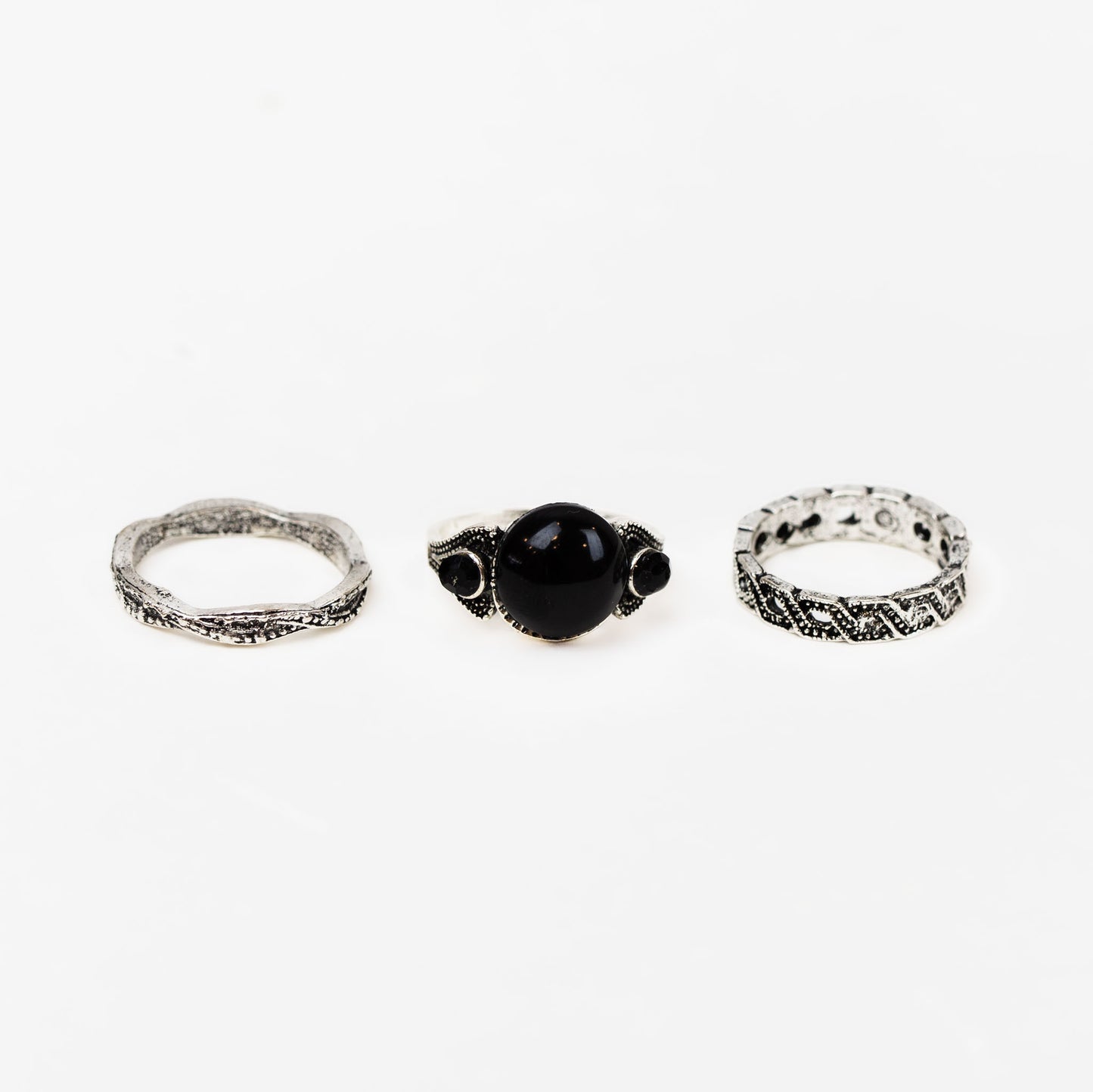 Set 3 inele vintage argintii cu pietre negre