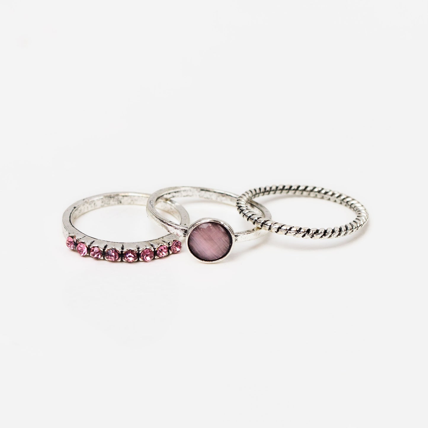 Set 3 inele vintage subțiri cu pietre - Roz, Argintiu