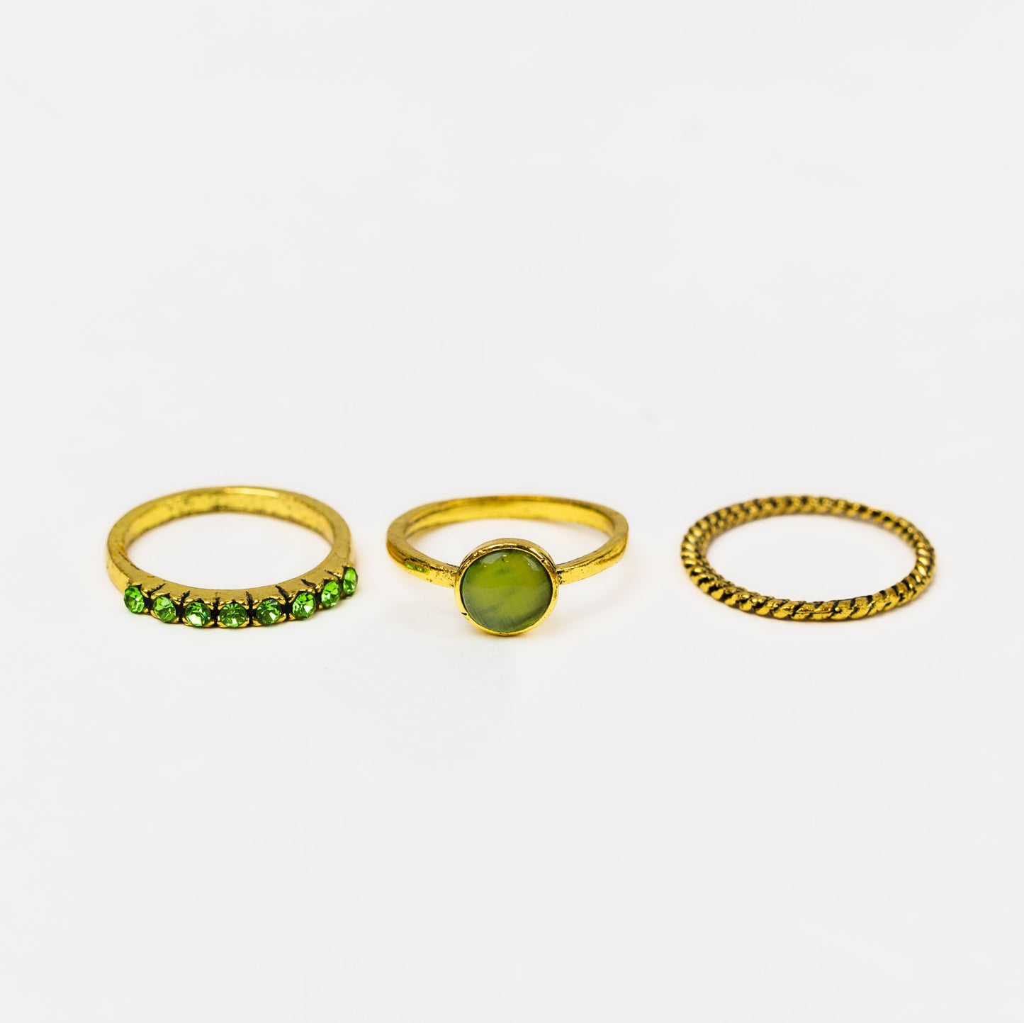 Set 3 inele vintage subțiri cu pietre - Verde, Auriu