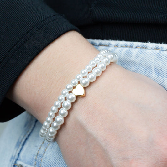 Set brățări elastice cu perle și charm în formă de inimă aurie, 2 buc - Alb