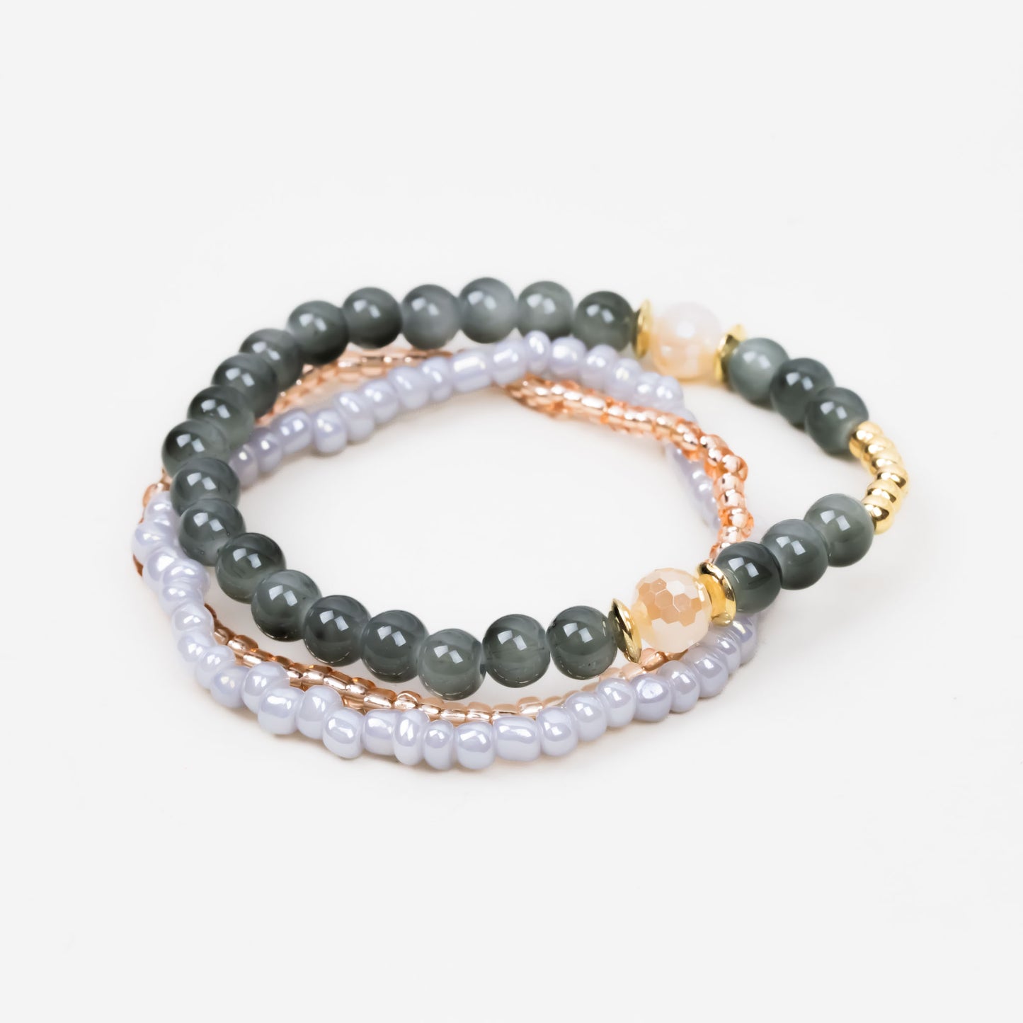 Set brățări elastice diversity cu mărgele și biluțe, 3 buc - Gri, Alb