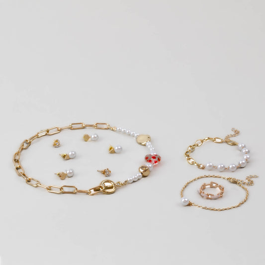 Set cadou cercei, brățări, colier, inel - Auriu cu Perle