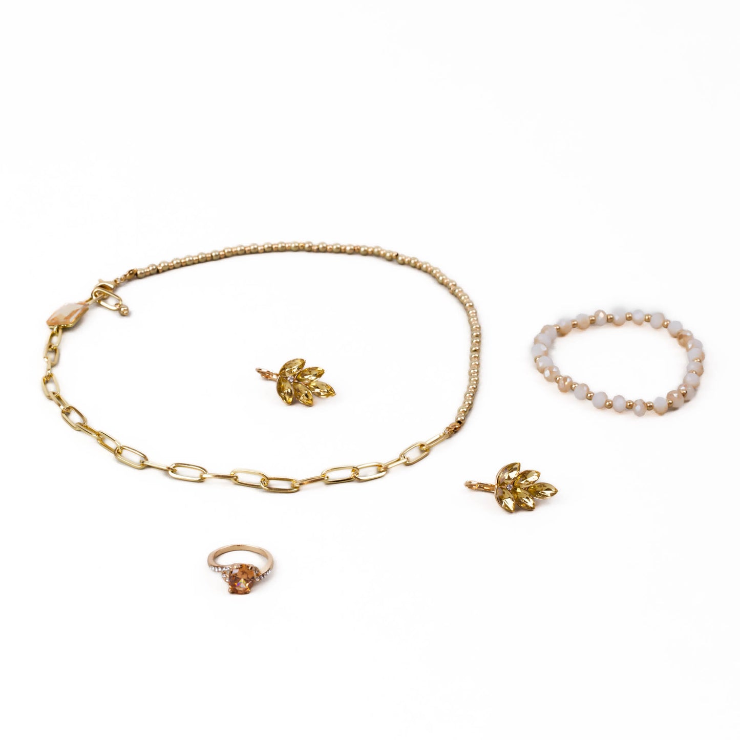 Set cadou cercei, brățară, colier, inel - Auriu cu Pietre