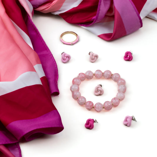 Set cadou cercei, brățară, inel, eșarfă satin - Roz Infinity