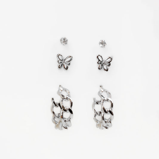 Set cercei cu verigă și fluture, 3 perechi - Argintiu