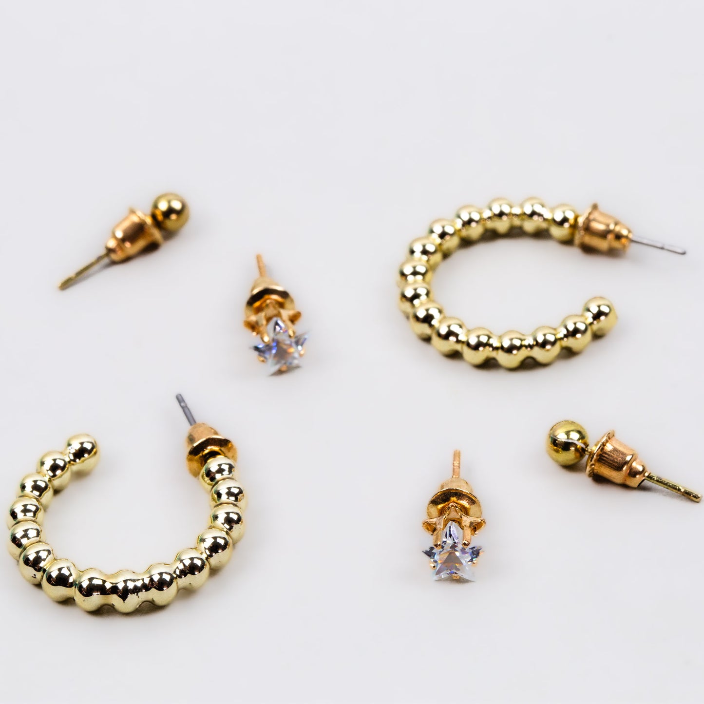 Set cercei cu verigă și stele, 3 perechi - Auriu