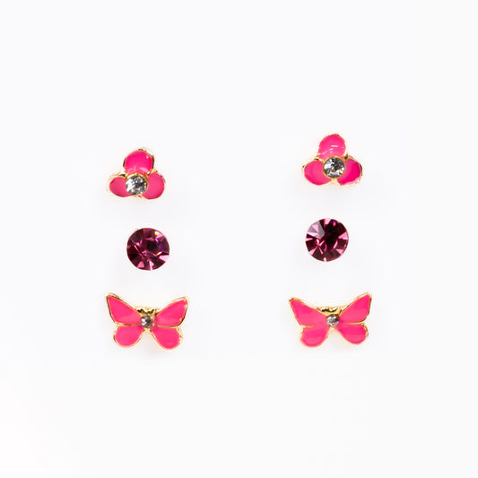 Set cercei mici cu formă de fluture și pietre, 3 perechi - Hot Pink