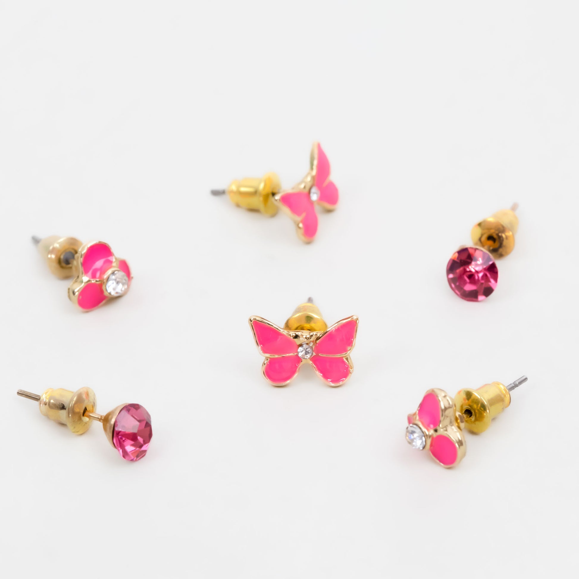 Set cercei mici cu formă de fluture și pietre, 3 perechi - Hot Pink