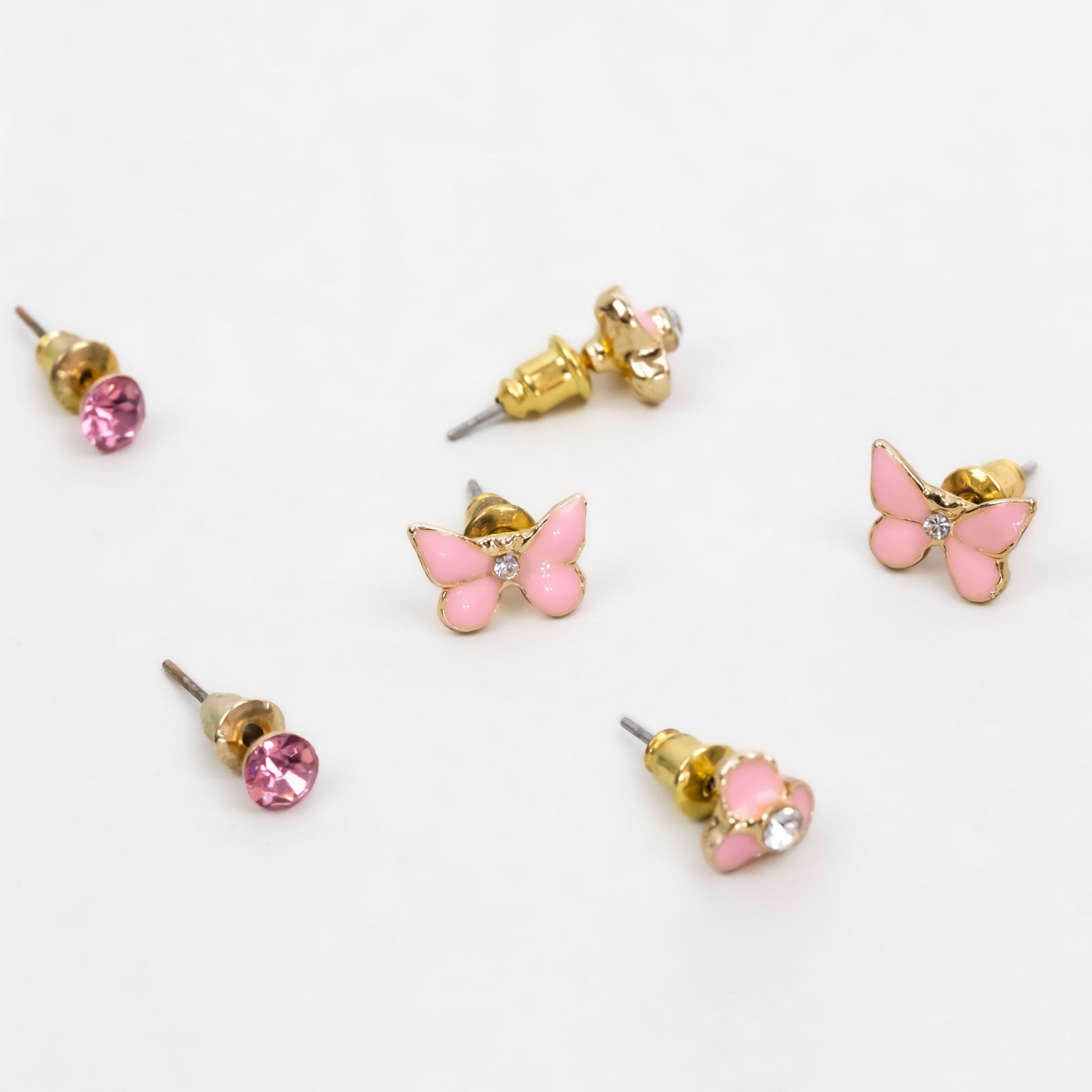 Set cercei mici cu formă de fluture și pietre, 3 perechi - Roz