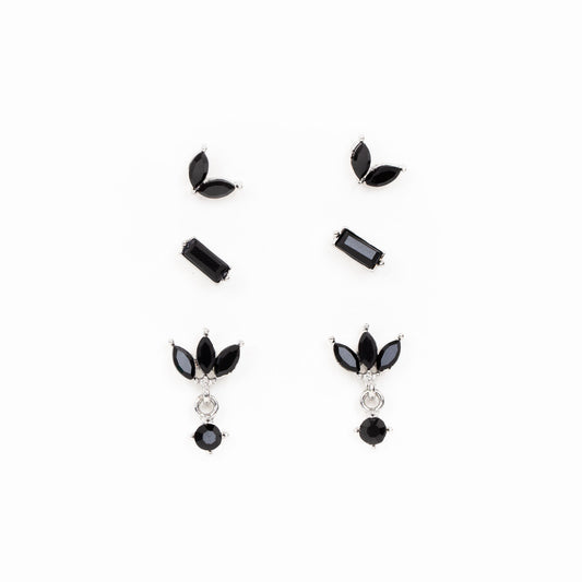 Set cercei mici cu forme de amuletă și pietre, 3 perechi - Negru