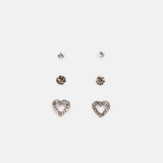 Set cercei mici cu forme de inimă și pietre, 3 perechi - Argintiu